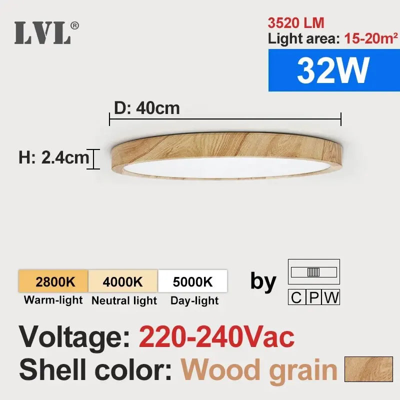 LED Ceiling Light Wood Grain & White 3 in 1 Lighting Colors