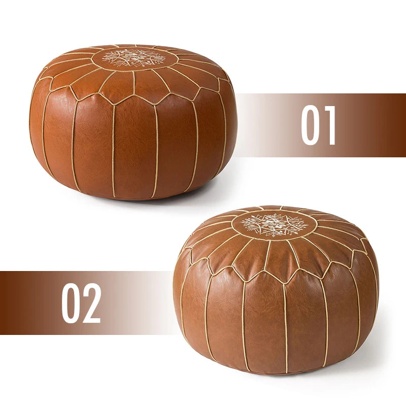 Embroidered Moroccan Leather Pouf Cover