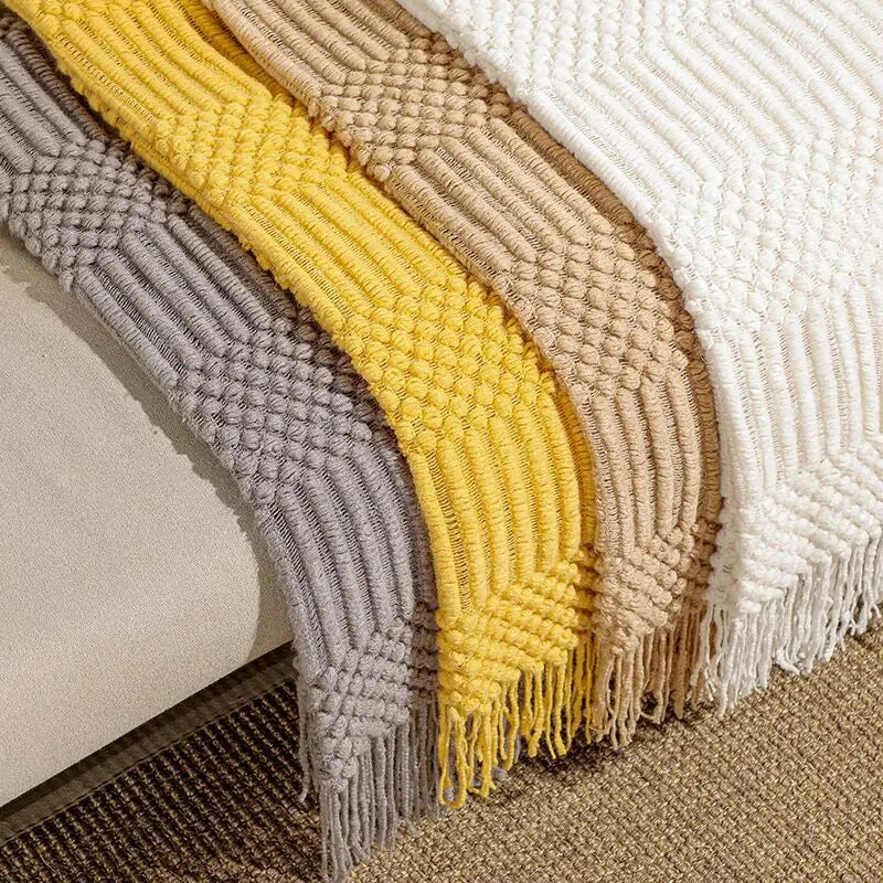 Khaki Gift Knitted Blanket with Tassels Chunky Vintage Luxury