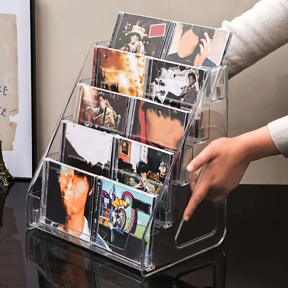 3/5-layer CD rack, album display rack, transparent storage rack for records, and tapes, multifunctional counter display rack