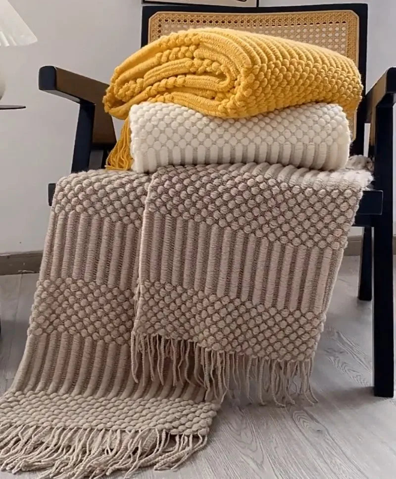 Khaki Gift Knitted Blanket with Tassels Chunky Vintage Luxury