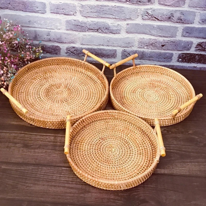 Woven Rattan Storage Basket with Strap Handle Round Tray Bread