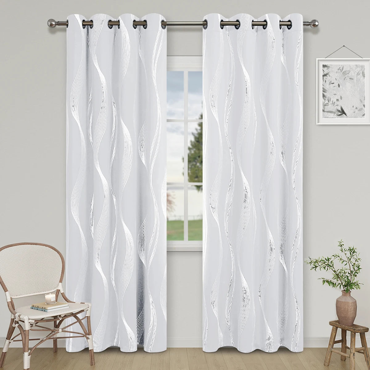 1pc High Precision Silver Embossed Wave Pattern Blackout Curtains