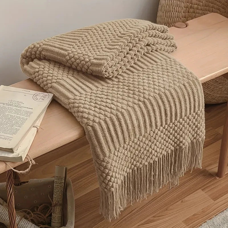 Khaki Gift Knitted Blanket with Tassels Chunky Vintage Luxury