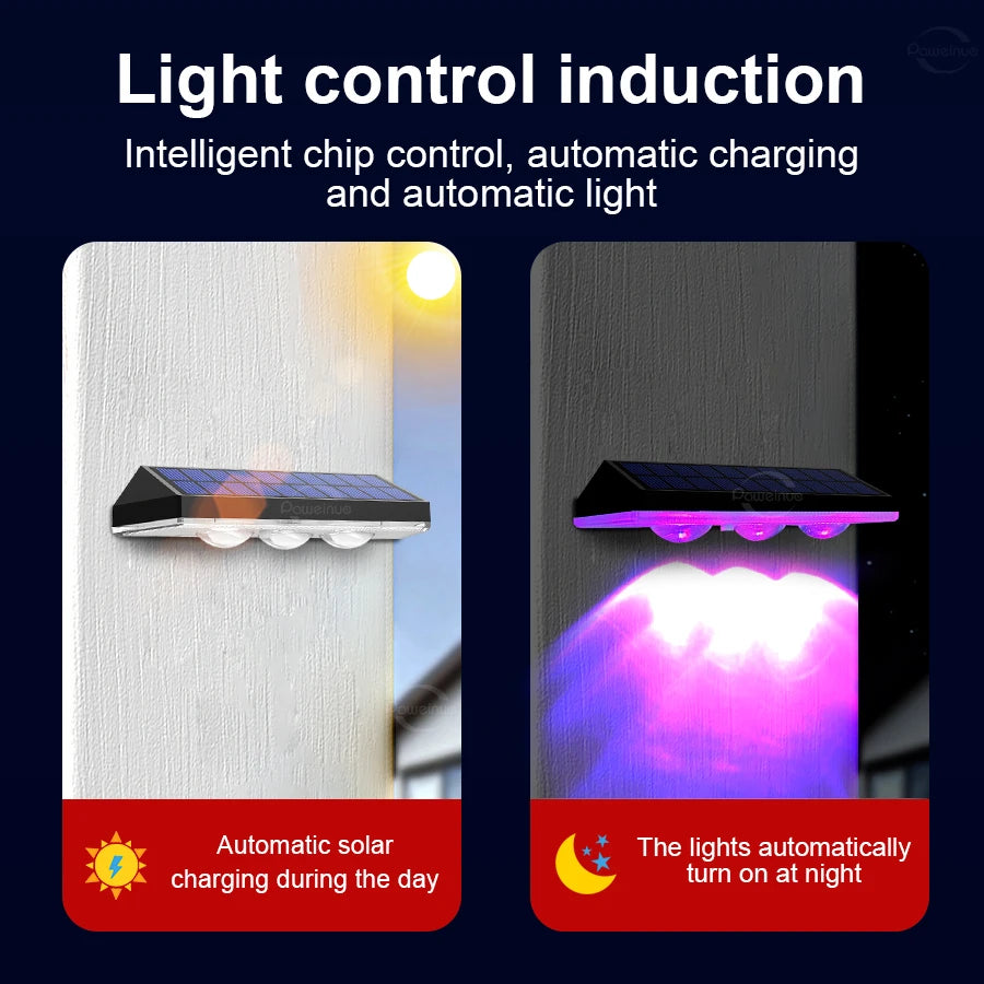 2 Pack Colorful Solar Wall Lights 3 LED Solar Fence Lights Outdoor