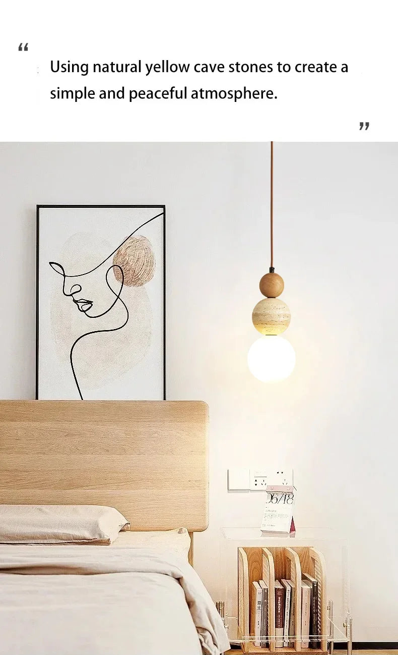 Cream Style Pendant Lamp Bedroom Bedside Led Chandelier Stone Wood