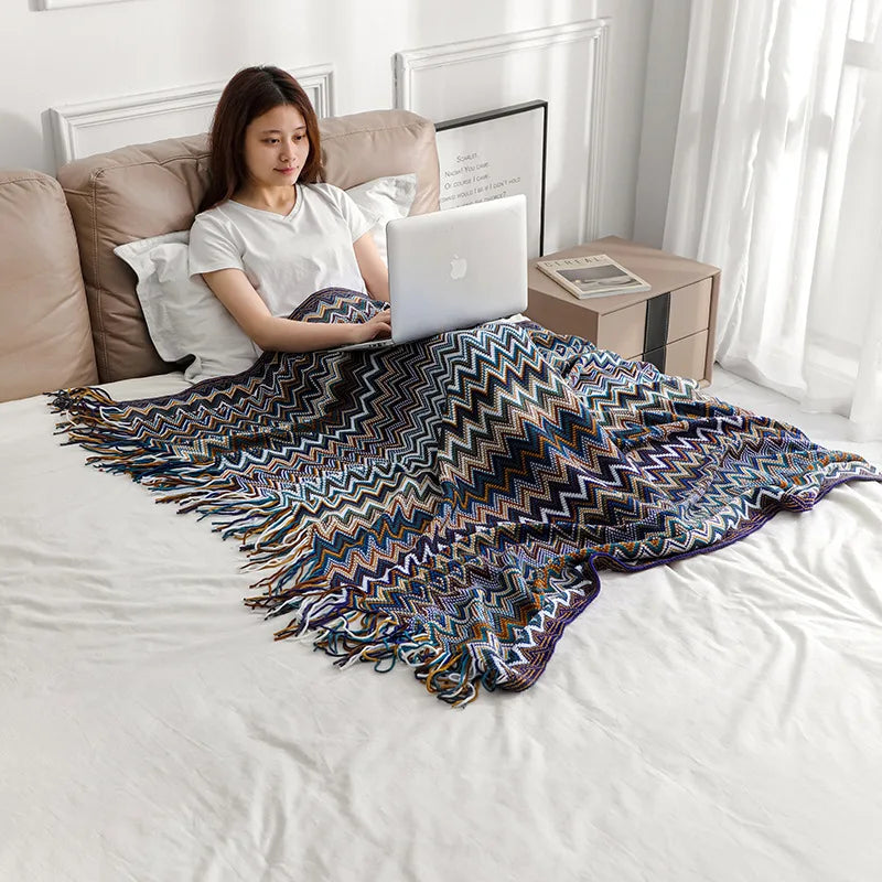 Boho Striped Knit Throw Blanket