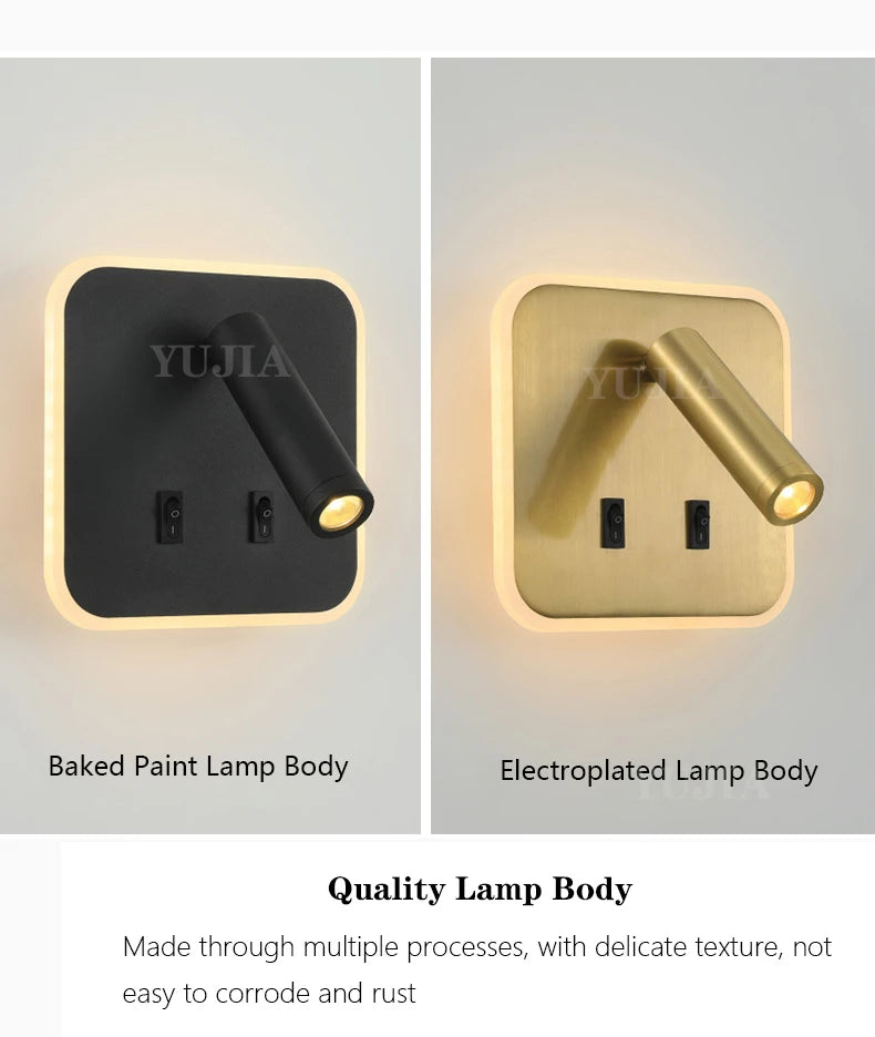 Modern Led Wall Sconce Reading Light 2 Switches Type-A & Type-C USB