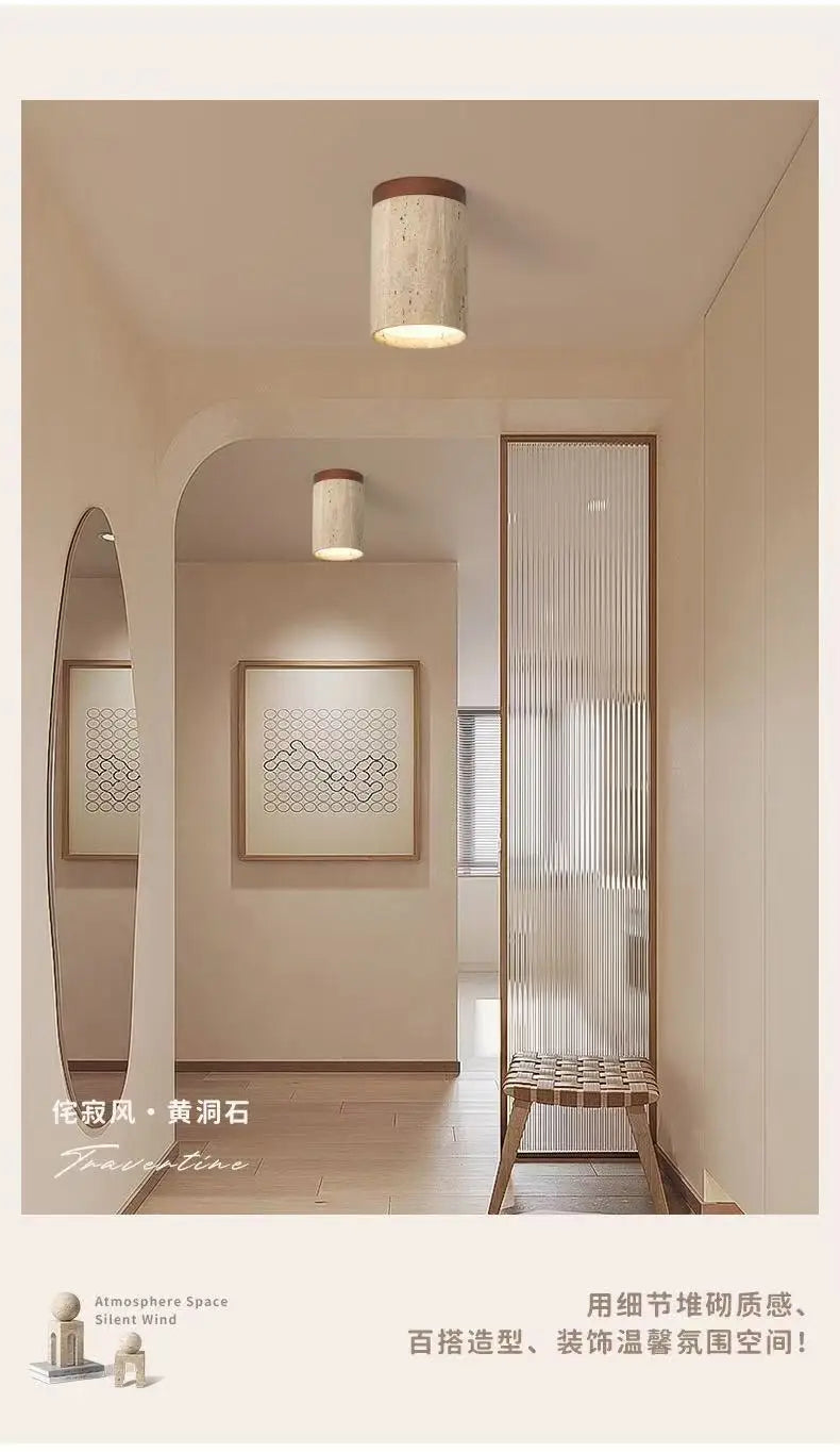 Travertine Wood Round Ceiling Light