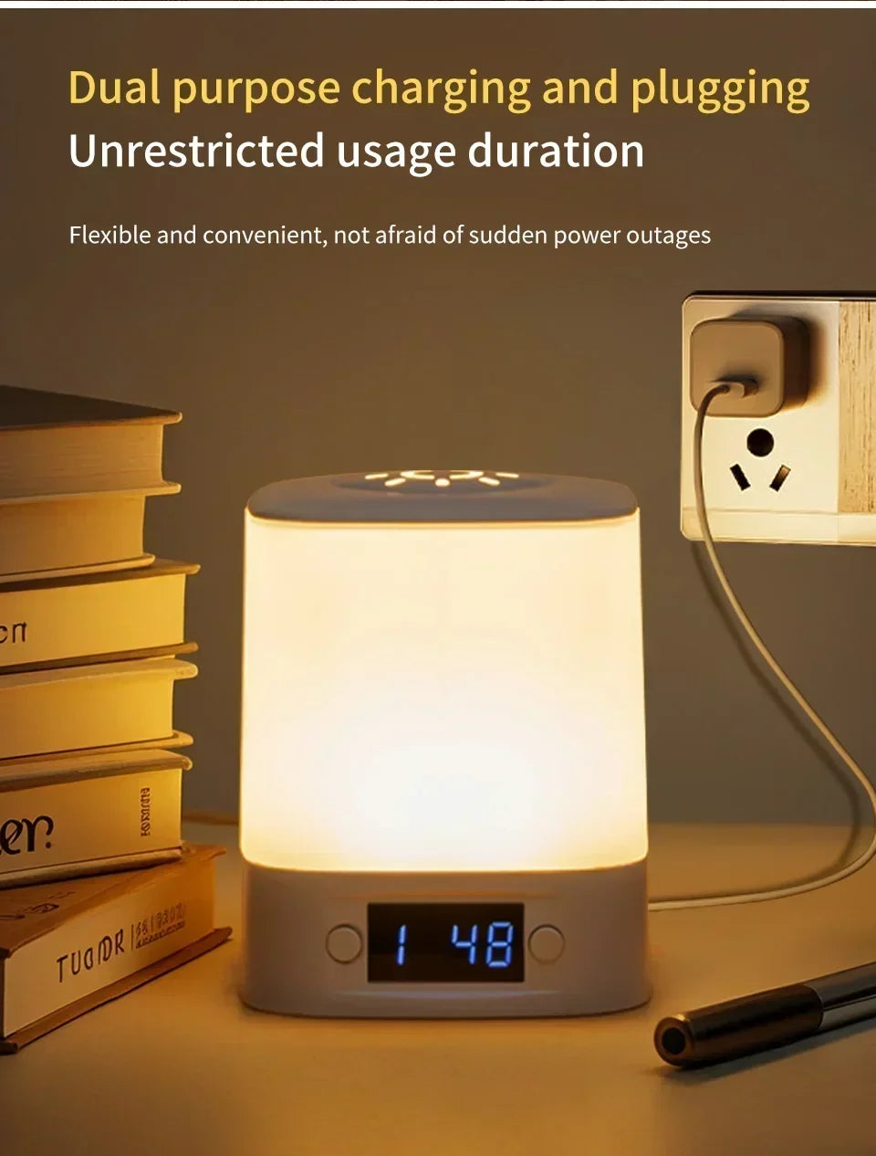 Bedside Night Light Rechargeable Reading Desk Lamp with Clock Time