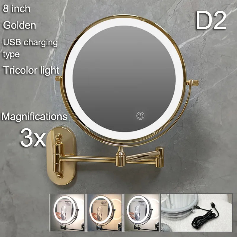 Golden Wall Mounted Folding Vanity Mirror, Double Sided with Fill Light
