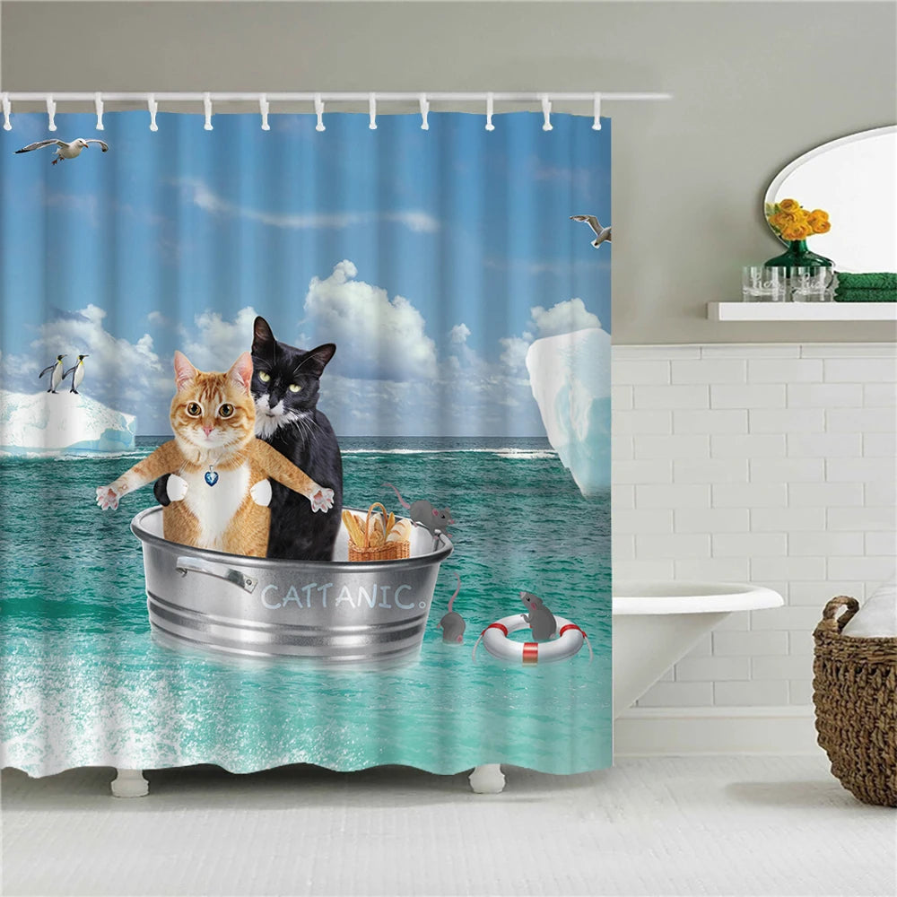 Funny Shower Curtains Bathroom Curtain With Hooks Decor Waterproof Cat