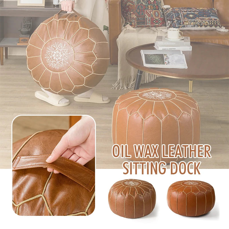 Embroidered Moroccan Leather Pouf Cover