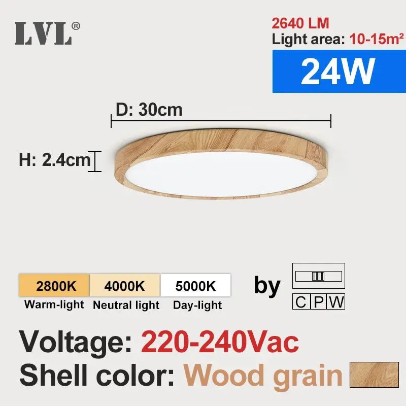 Wood Grain 3 Color LED Flush Ceiling Light