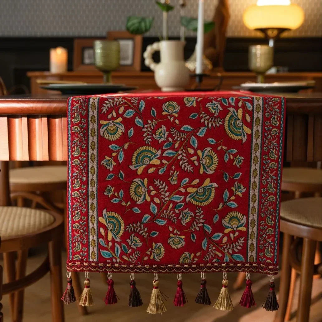 Plant Flower Table Runner with Tassels Jacquard Living Room Cabinet