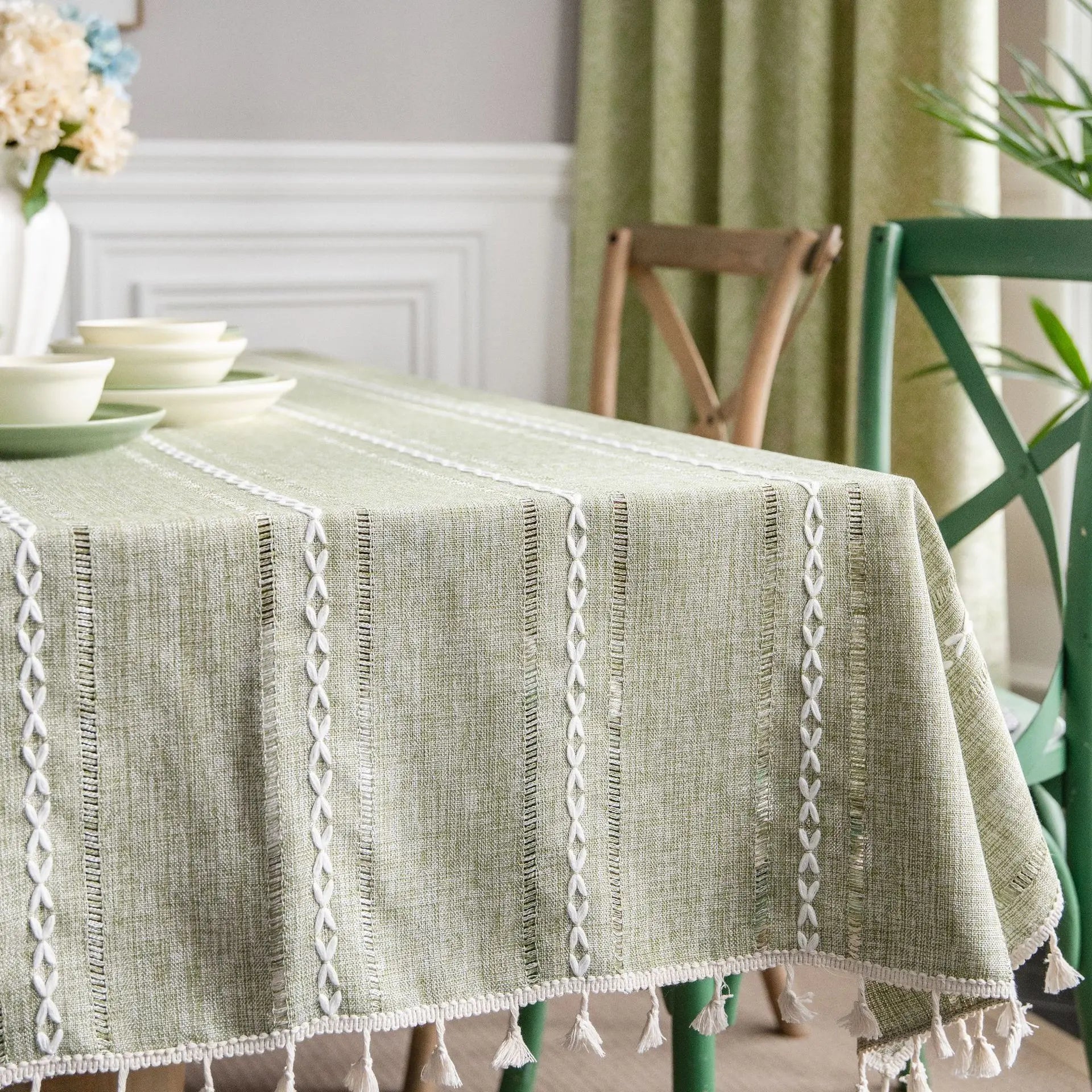 Cotton Linen Stripe Tassel Tablecloth Stain Resistant Dust-Proof Table