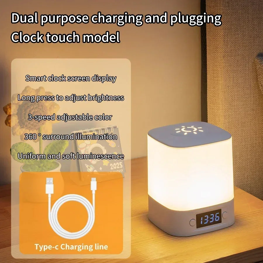 Bedside Night Light Rechargeable Reading Desk Lamp with Clock Time