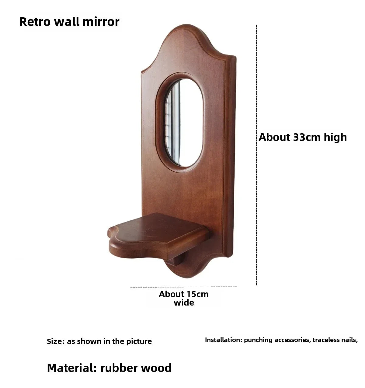 Vintage Solid Wood Wall Mirror with Shelf and Candlestick
