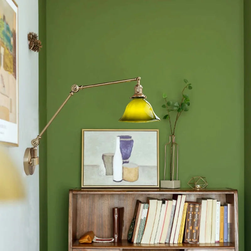 IWHD Left And Right Rotate Copper Wall Lamp Beisde Swing Long Arm Green