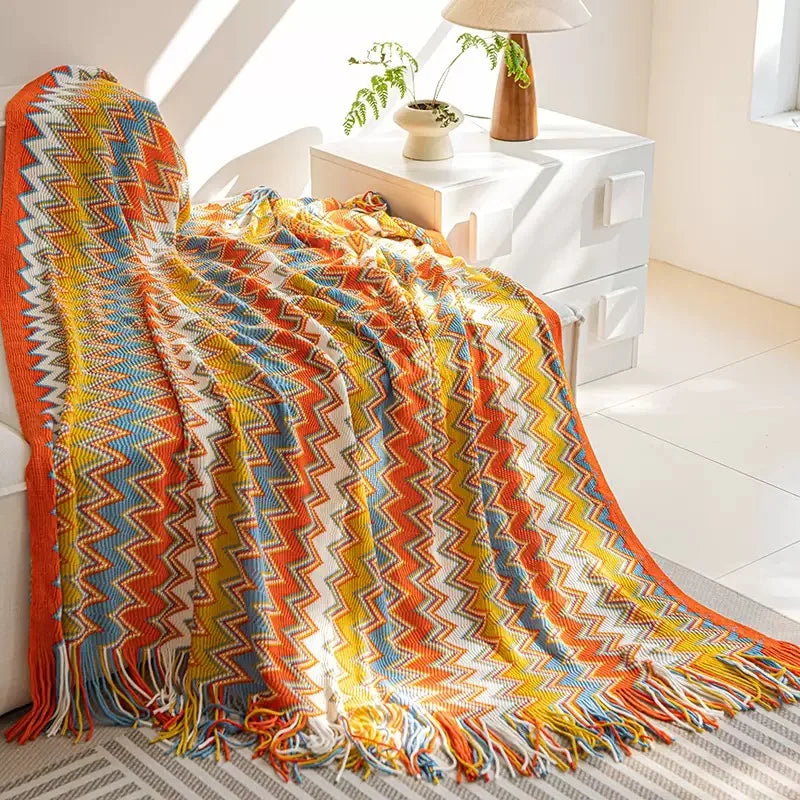 Boho Striped Knit Throw Blanket