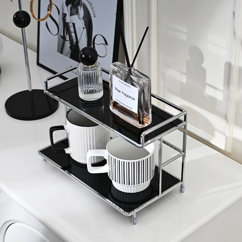 Metal Desktop Layered Storage Rack, Double-Layer Desk Organizer, Water Cup and Coffee Cup Storage Rack, Bathroom Cosmetics Organizer, Suitable for Living Room, Entryway, Kitchen, and Bathroom