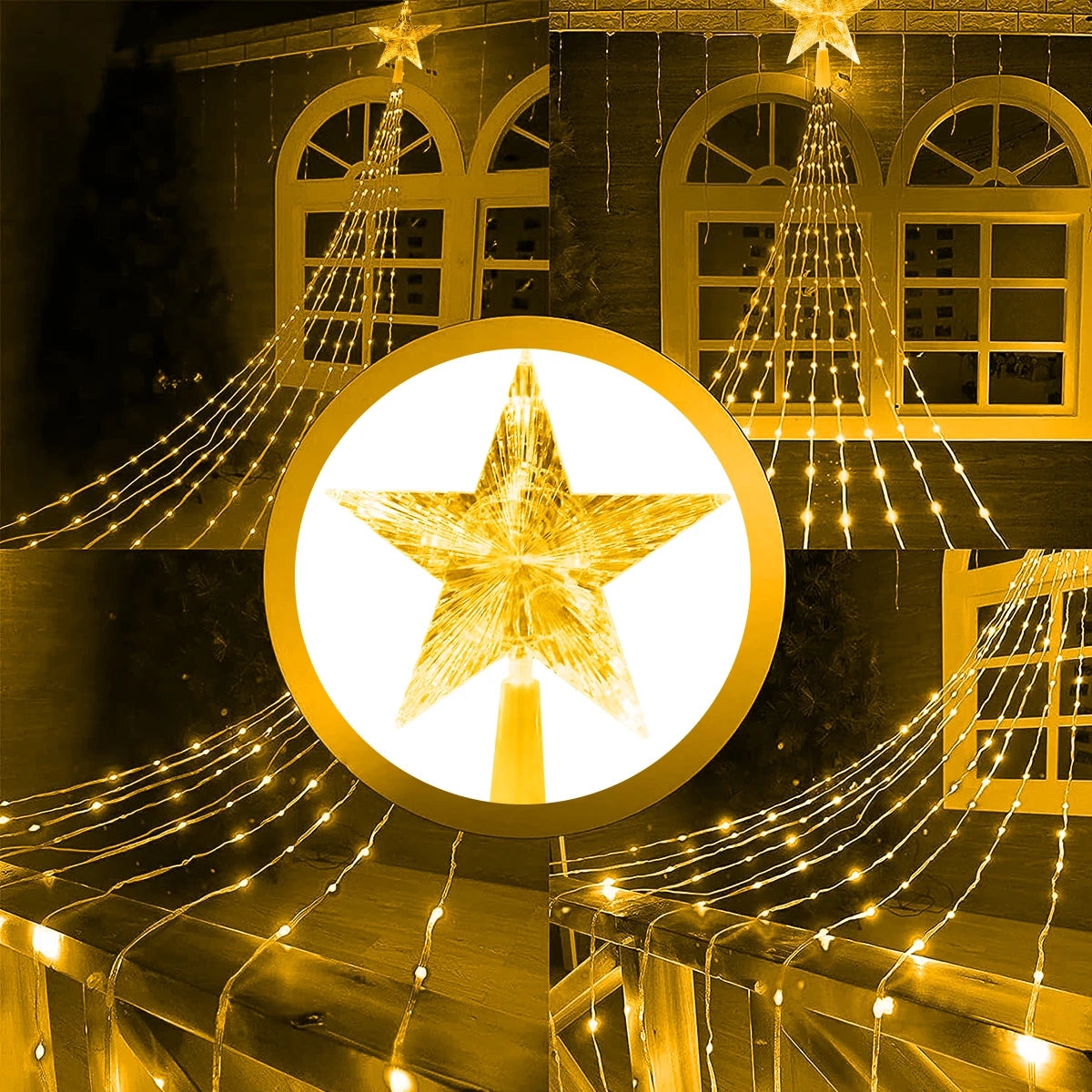 1PC Five-pointed Star Waterfall Lights USB/Solar Powered Christmas String Lights for Christmas Party Halloween Home Decor