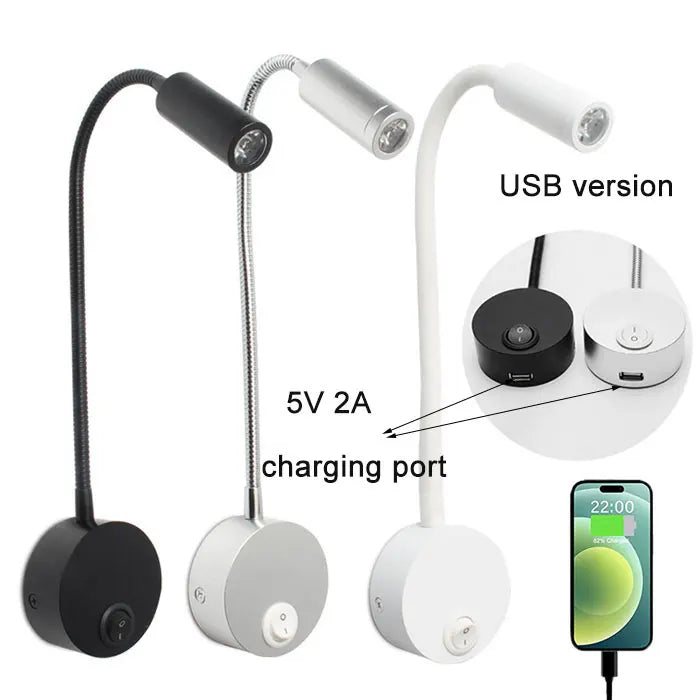 Bronze 3W LED Reading Light Black White Silver Gooseneck Wall Lamp