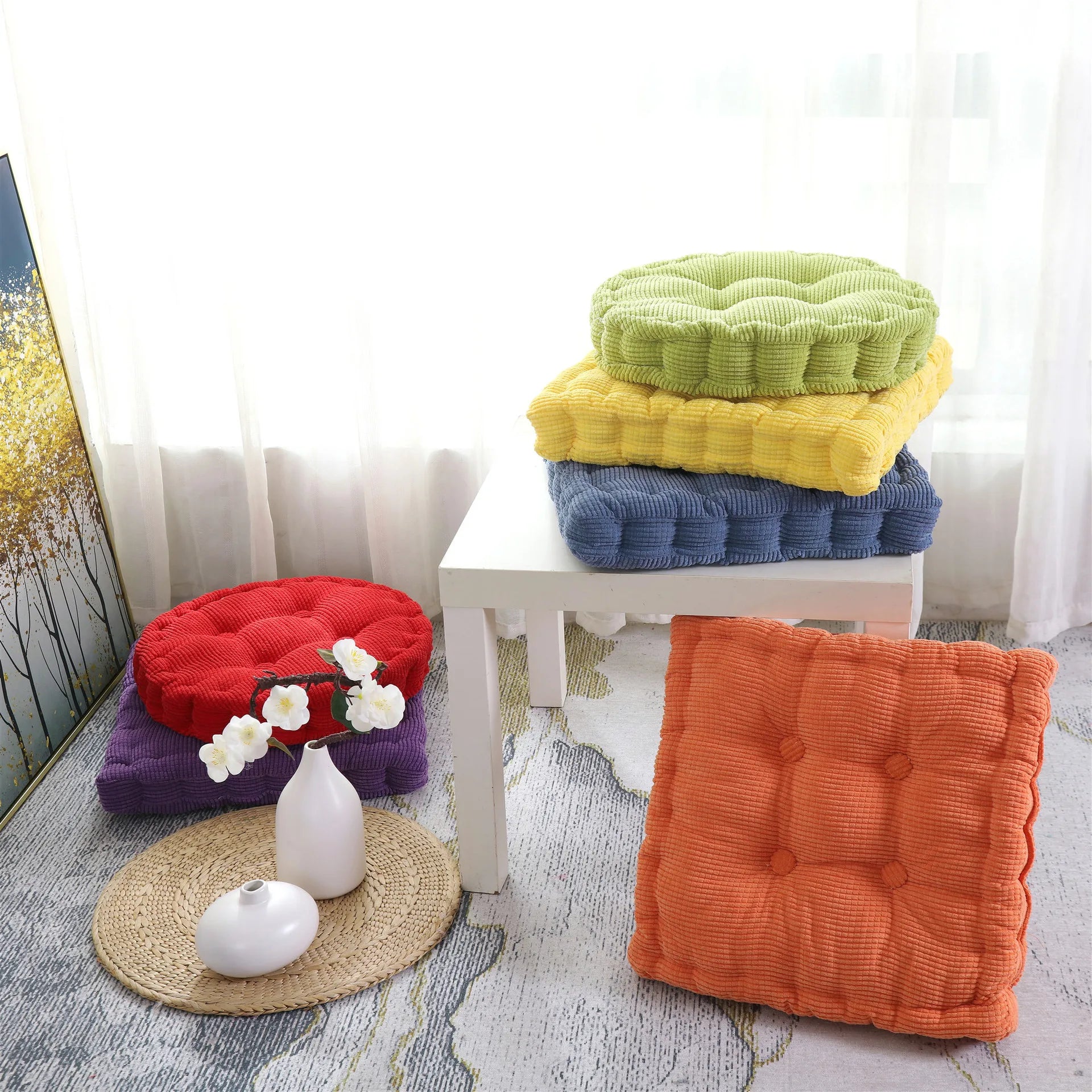 Inyahome Tufted Corduroy Thicken Floor Seat Cushion for Balcony Tatami Meditation Floor Round Square Cushion Living Room Indoor