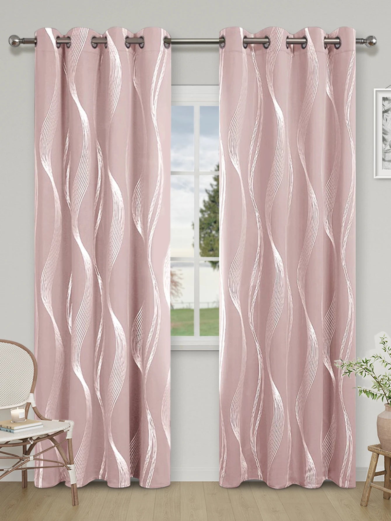 1pc High Precision Silver Embossed Wave Pattern Blackout Curtains
