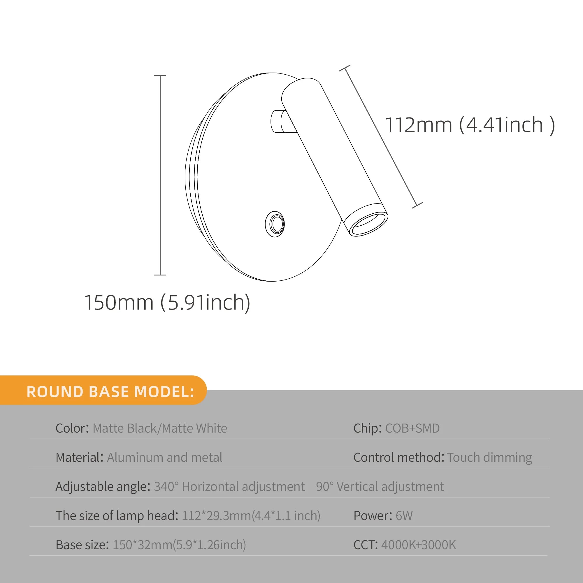 Dimmable Touch Switch Rotatable Wall Lamp