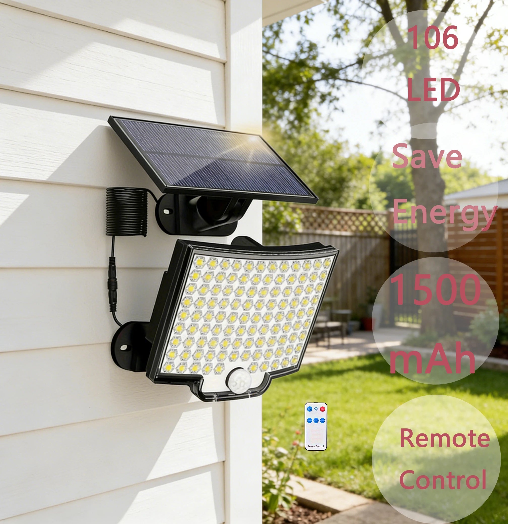 106 LED 3000LM Solar Powered Motion Sensor Flood Lights with Remote