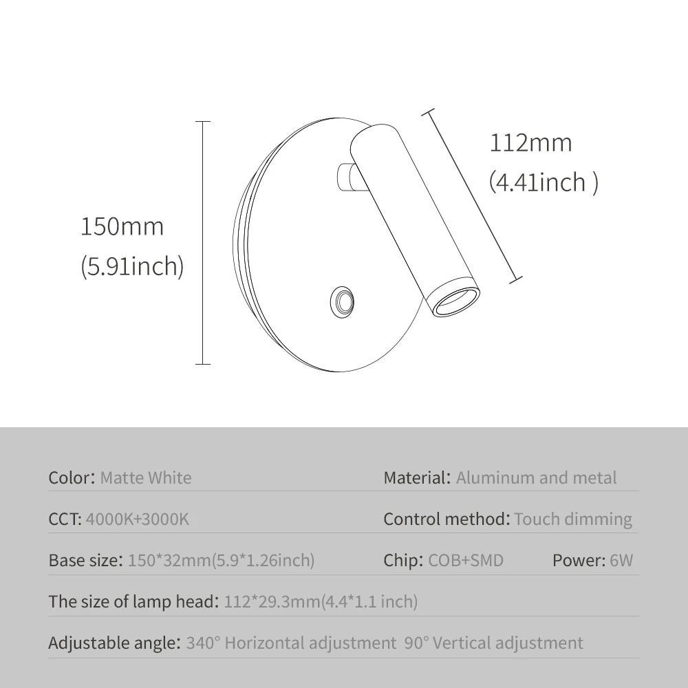 Dimmable Touch Switch Rotatable Wall Lamp