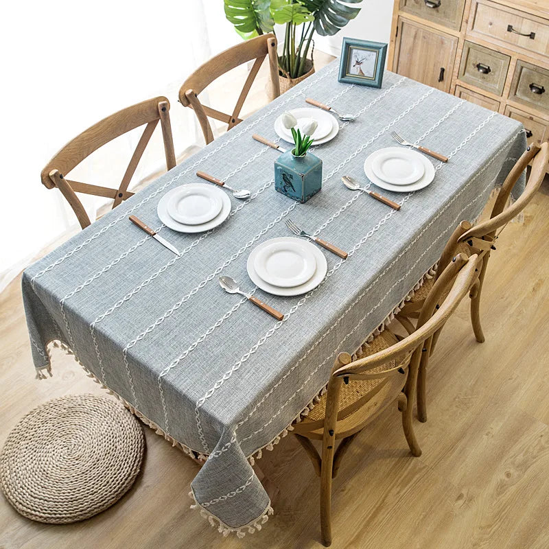 Cotton Linen Stripe Tassel Tablecloth Stain Resistant Dust-Proof Table
