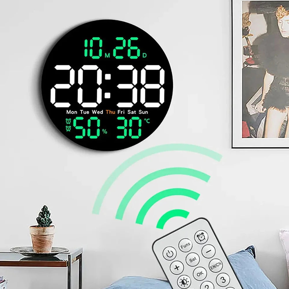 Remote Control LED Wall Clock Dual Alarms Calendar Temperature Display