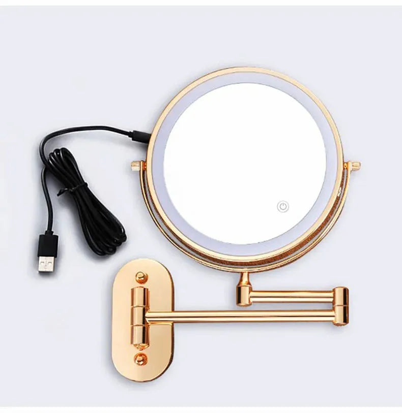 Golden Wall Mounted Folding Vanity Mirror, Double Sided with Fill Light