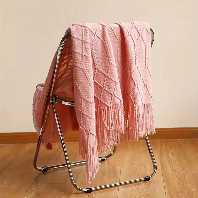 Khaki Gift Knitted Blanket with Tassels Chunky Vintage Luxury