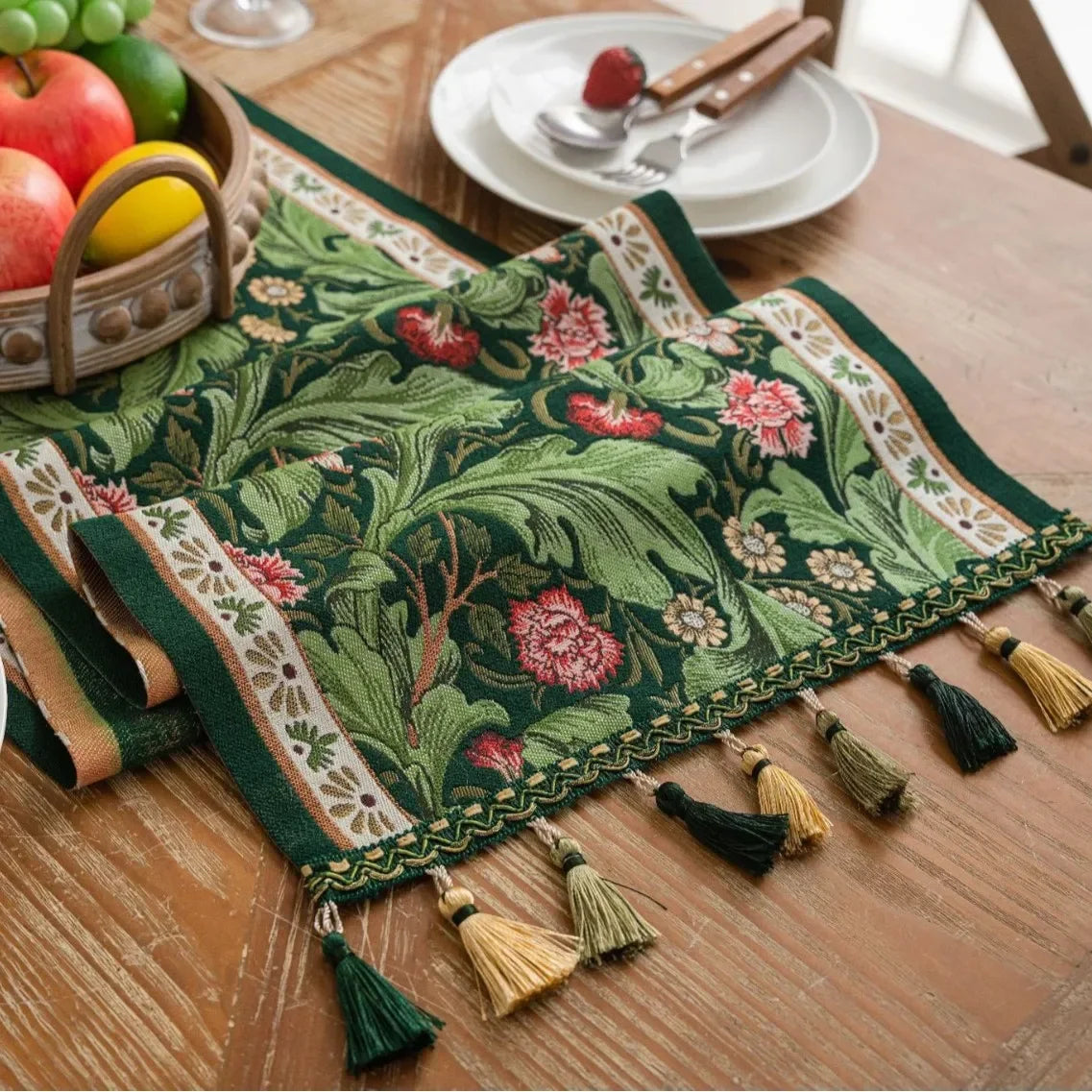 Plant Flower Table Runner with Tassels Jacquard Living Room Cabinet