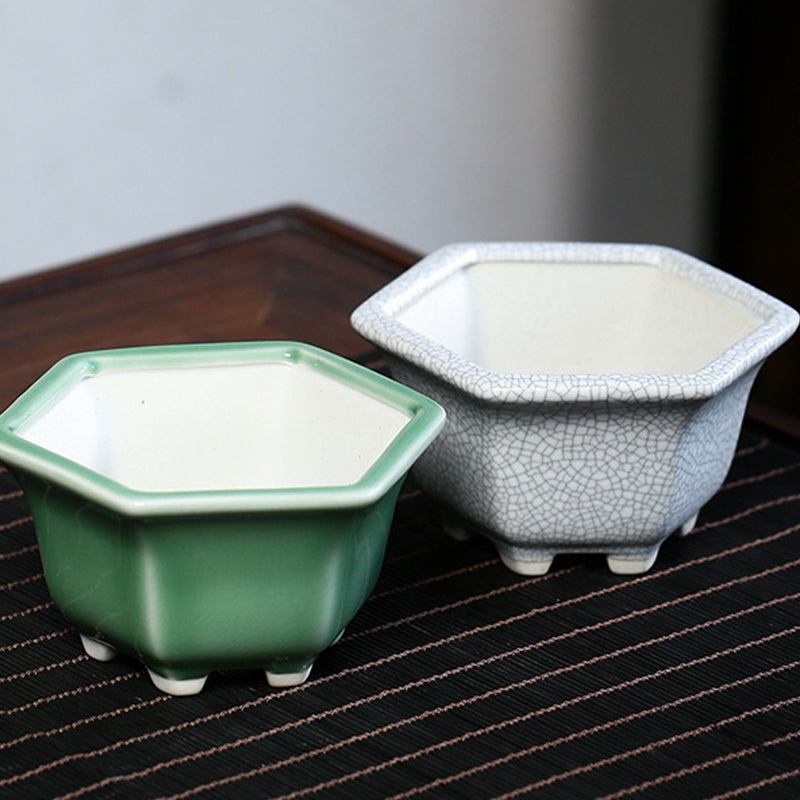 Hexagonal Glazed Ceramic Bonsai Pot