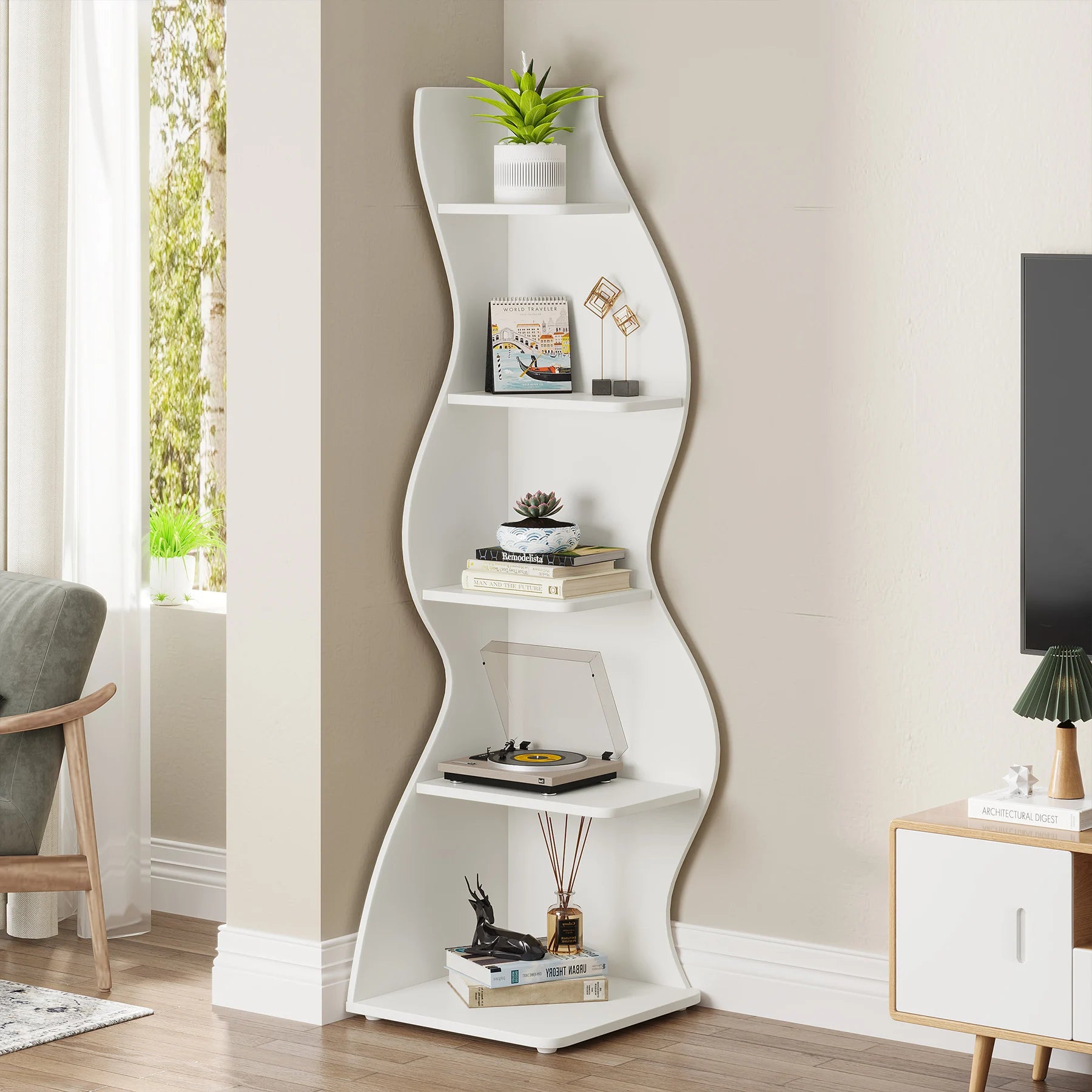 Five Tier Wavy Corner Bookshelf