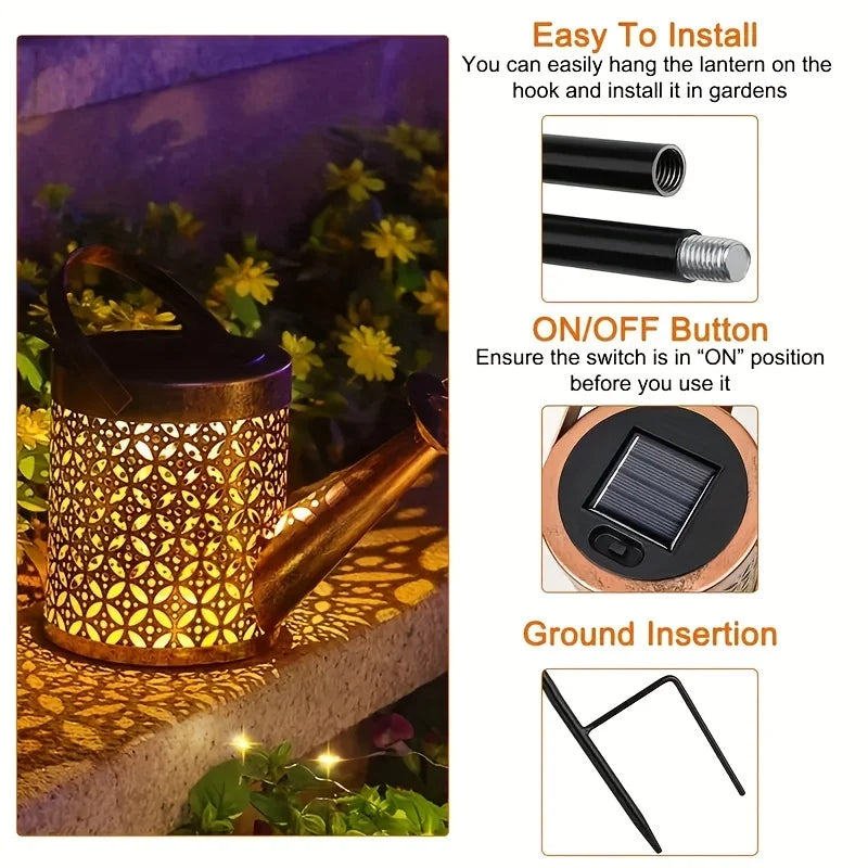 Large Retro Metal Lantern Solar Watering Can Light Outdoor Waterproof