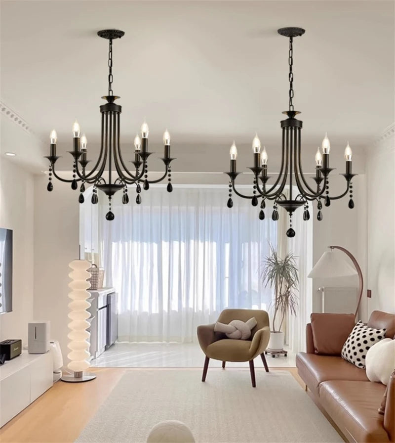 New Wrought Iron Crystal Chandelier European Classic Black Candle Lamp