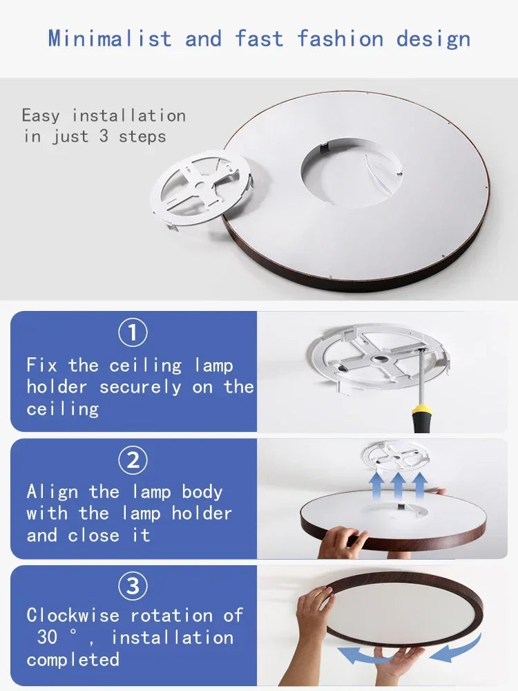 Modern LED Ceiling Light Circular Ultrathin Wood Grain Walnut