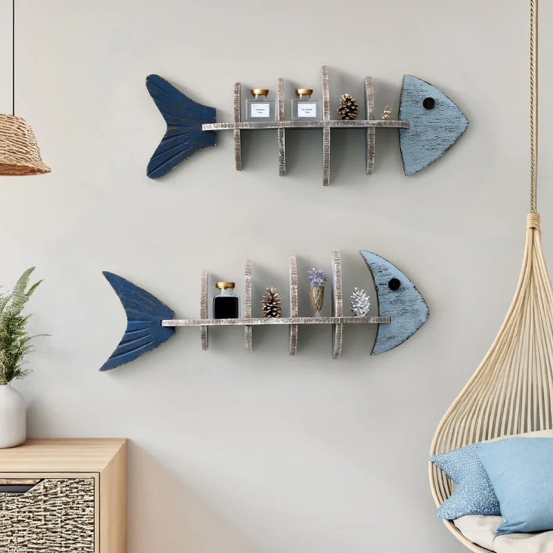Nordic Style Wall Wooden Fish Row Shelf Decorative Pendant Wall