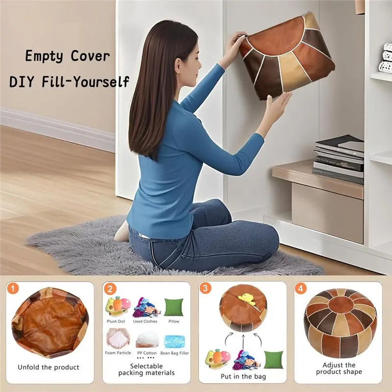 A76X-Unstuffed Faux Leather Moroccan Storage Pouf Foot Stool Ottoman Seat Handmade Bean Bag Floor Chair Foot Rest