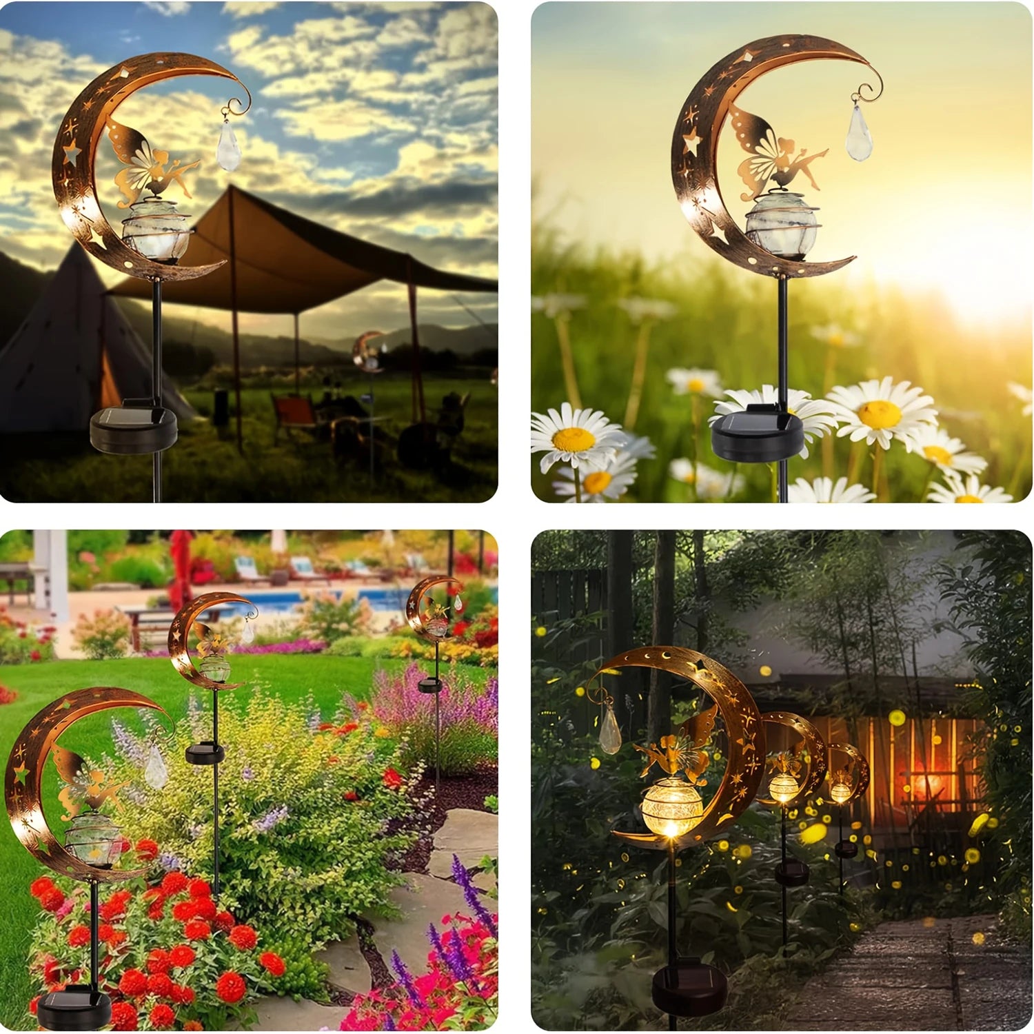 1pc Moon-Shaped Solar-Powered Metal Fairy Lantern - Waterproof LED