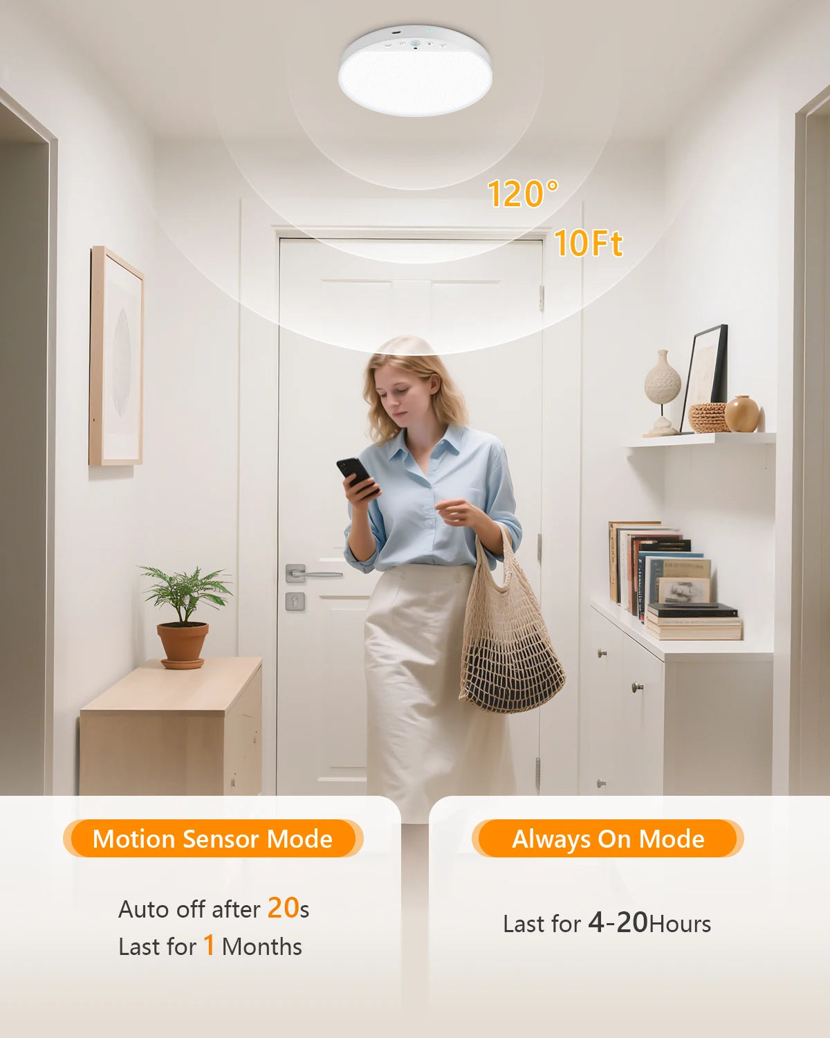 8W Rechargeable Motion Sensor Ceiling Light with Remote 5000mAh battery