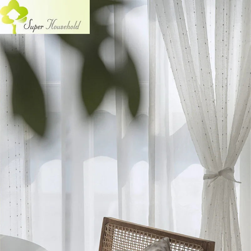 White Jacquard Window Screens Stripe Embroidered Curtains Tulle