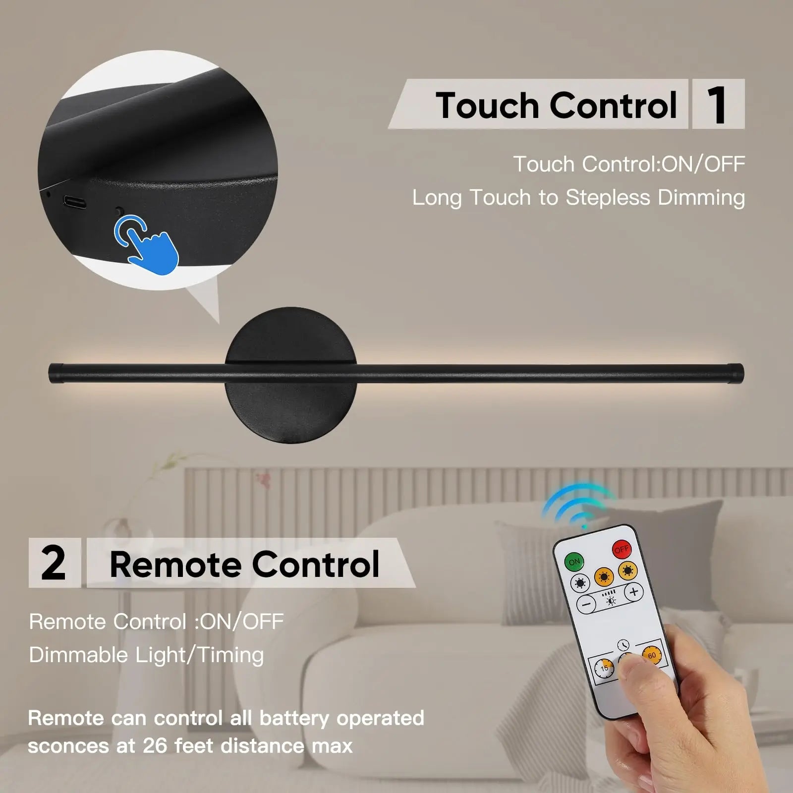 LED Rechargeable Wall Light Installation Free Wall Sconce 1PC 50CM