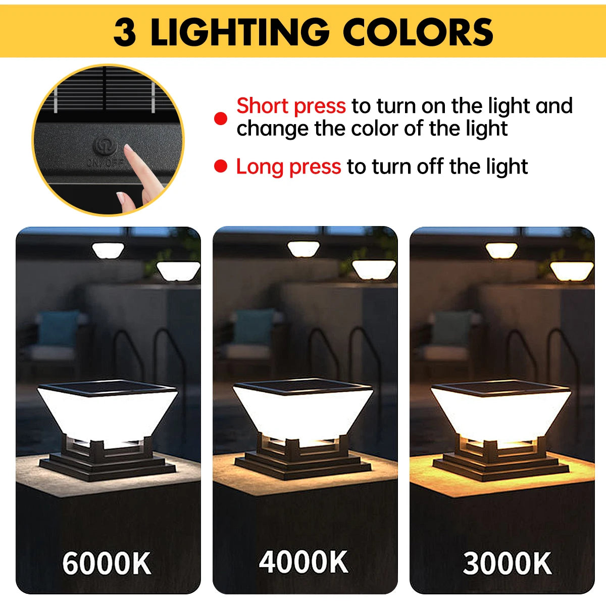 Solar Column Light Auto Night on Day Off 3 Colors IP65 Waterproof