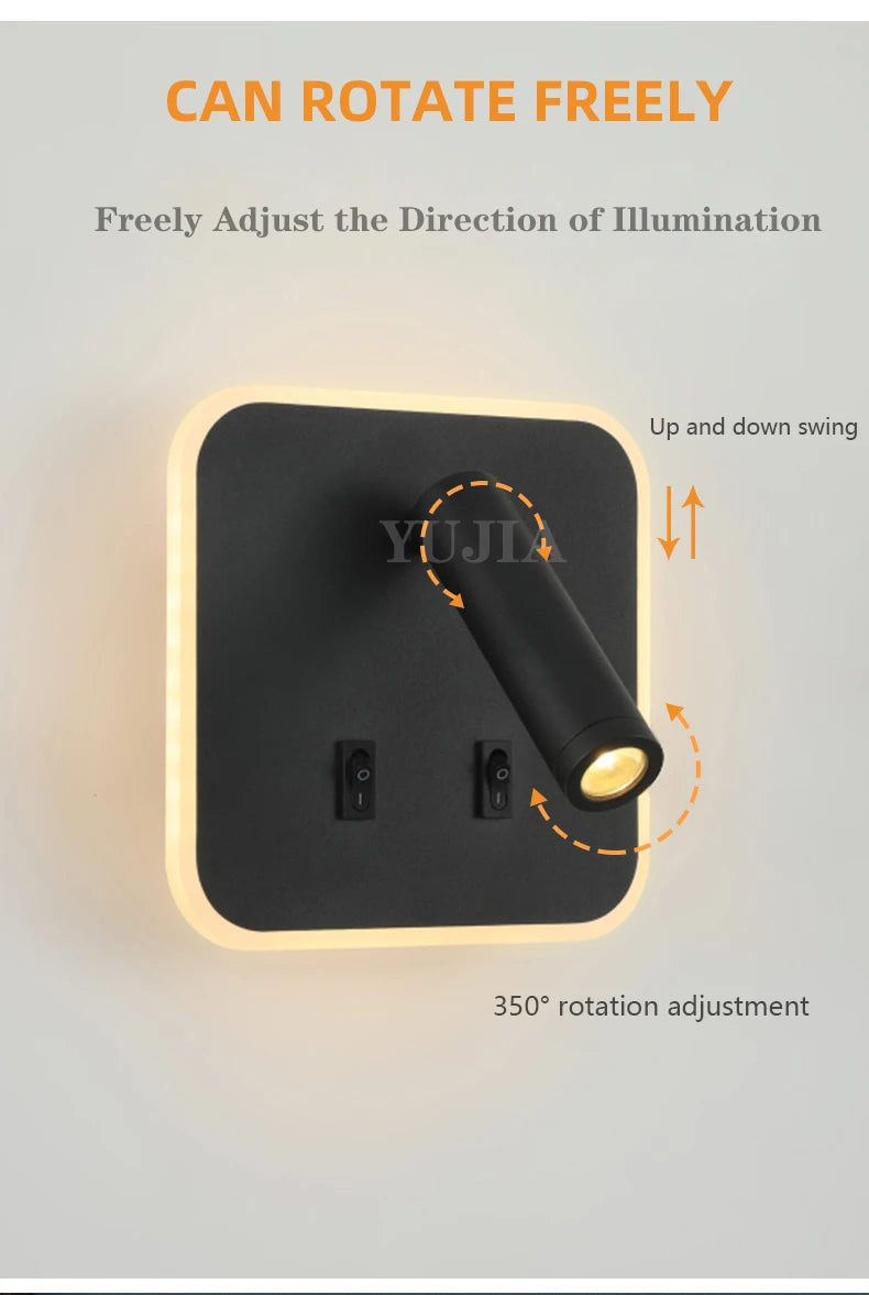 Modern Led Wall Sconce Reading Light 2 Switches Type-A & Type-C USB